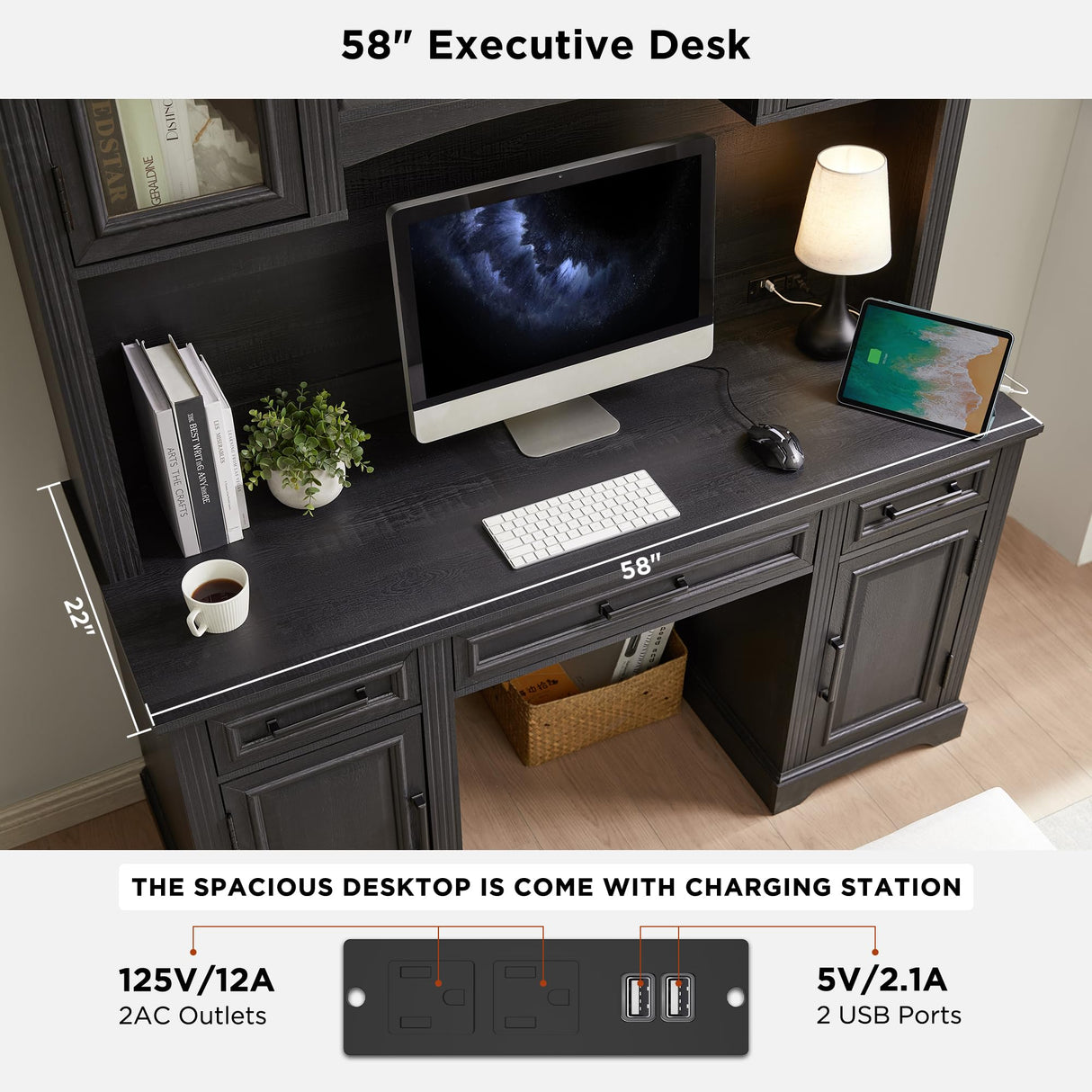 JXQTLINGMU Farmhouse 76" Height Computer Desk with Hutch, Office Desk with Charging Station, Drawers and Storage Cabinet, Workstation for Office Home, Black JXQTLINGMU