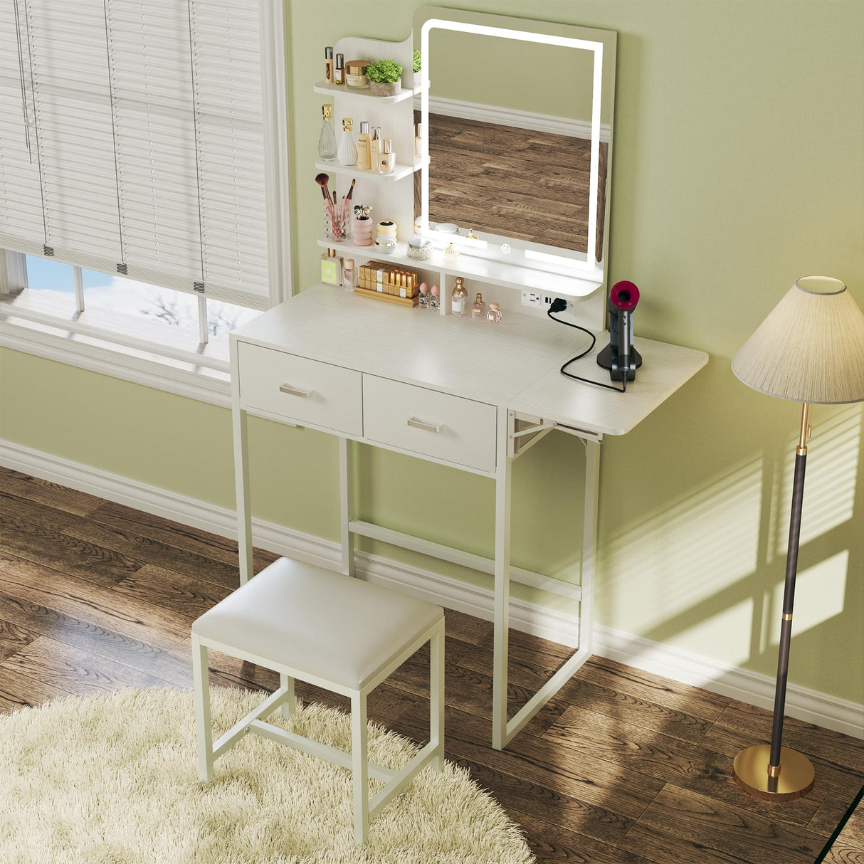 HUAHUU Small Vanity Desk with Mirror and Lights, Makeup Vanity with Fabric Storage Drawer, Chair and Three Shelves, White Vanity with Power Outlet and Fold-up Panel, Bedroom HUAHUU