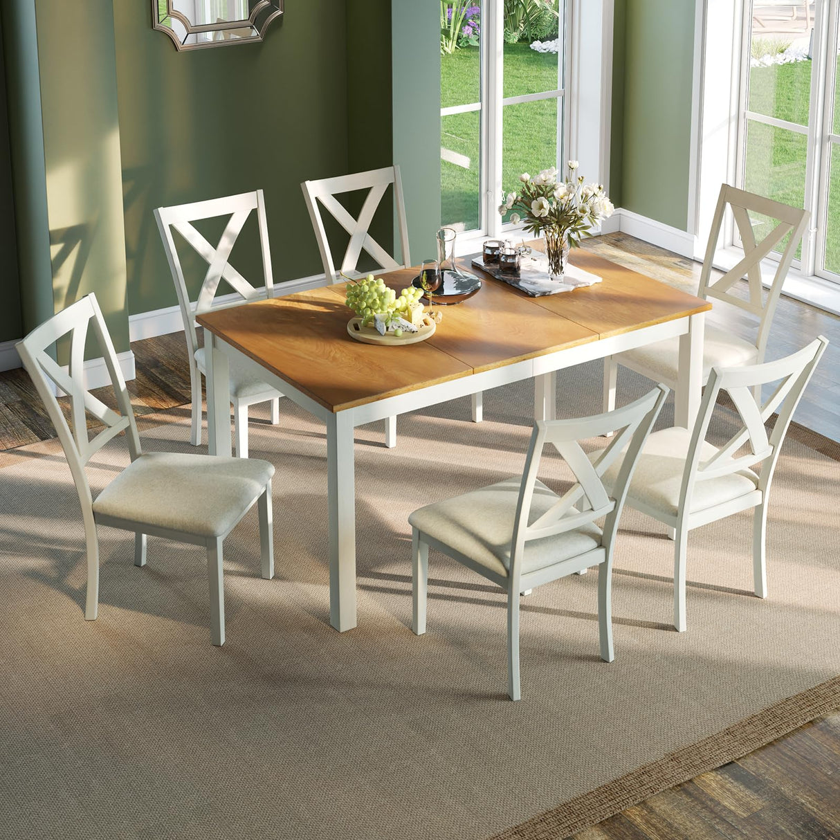 AMERLIFE 7-Piece Farmhouse Solid Wood Dining Table Set with 6 Upholstered Chairs, 60" Space Saving Dinner Table & Chairs Set, for Dining Room, Kitchen, Restaurant, Brown & White AMERLIFE