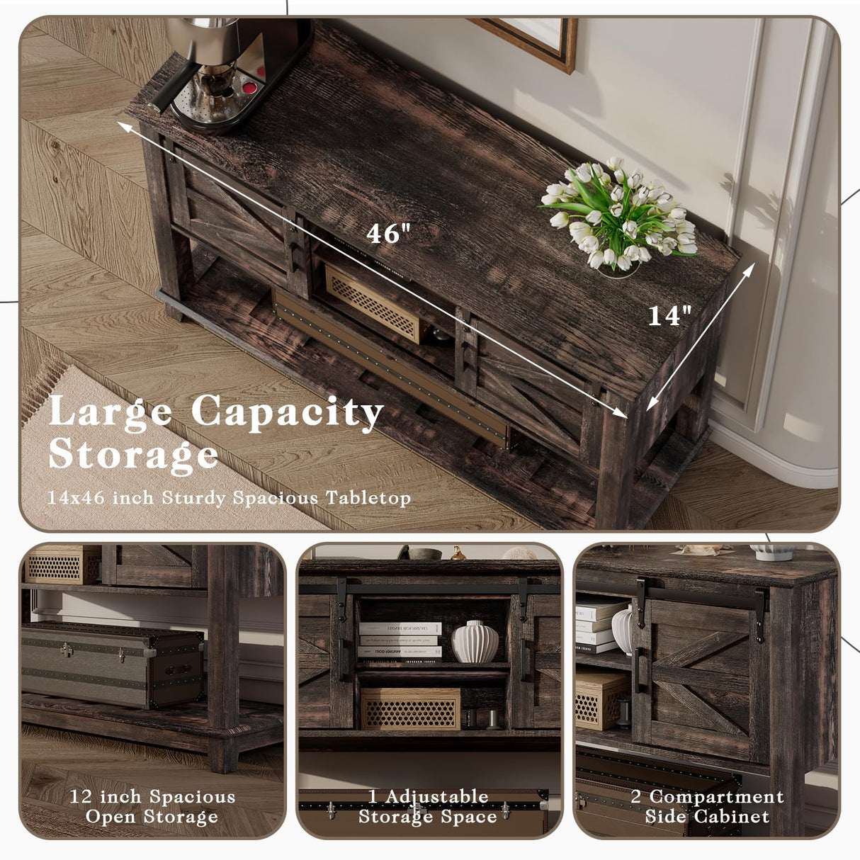 LUXOAK Farmhouse Entryway Table with Sliding Barn Doors, 46" Sofa Table for Living Room, Console Table with Storage, Dark Rustic Oak LUXOAK