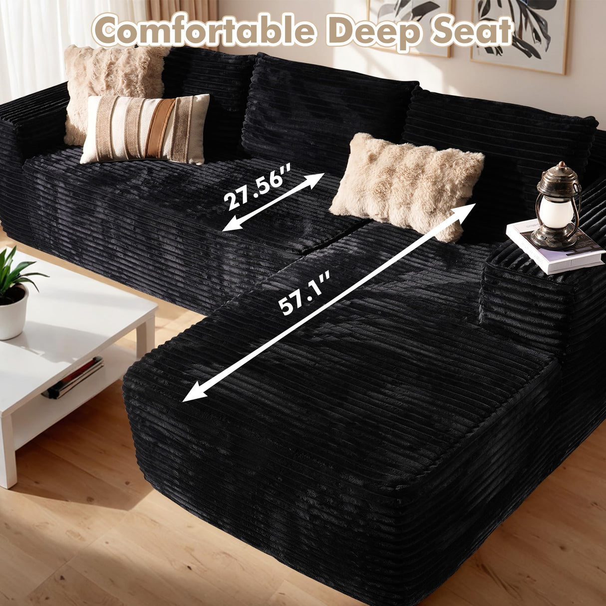 106" Cloud Sectional Couch with Chaise Lounge,L Shaped Modular Modern Sofa,Comfy Corduroy Fluffy Couch with Deep Seat,No Assembly Required Couch for Living Room(Right,Plush Corduroy,Black) weaxty W