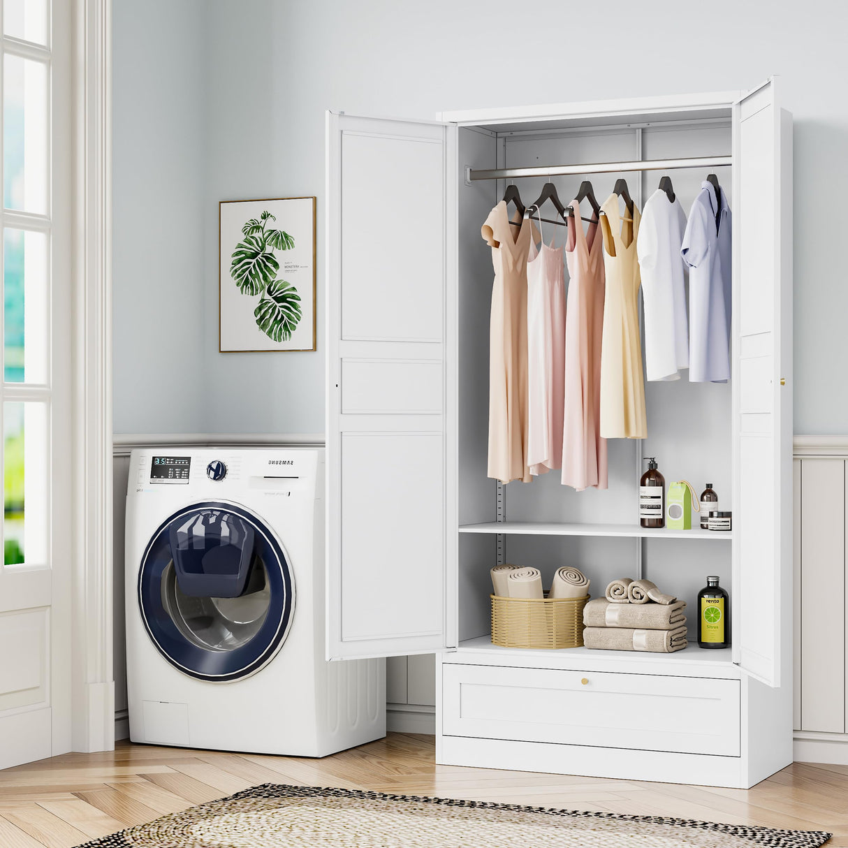 BYNSOE Metal Armoire Wardrobe Closet with 2 Doors 72'' Wardrobe Cabinet with Drawers and Hanging Rail Metal Closet with Adjustable Shelves for Bedroom. (White, with 1drawer) BYNSOE