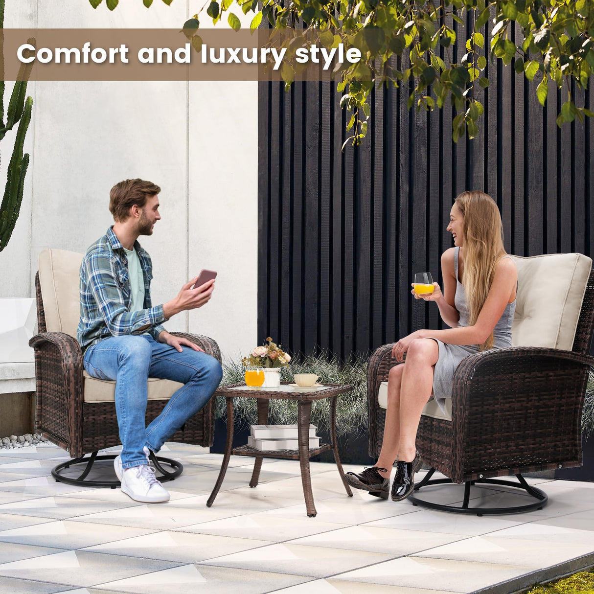 wildformers 2 Luxury Outdoor Swivel Wicker Glider Patio Chairs with Table Set, Overstuffed Washable Cushions, Ideal for Porch, Balcony, Deck, Brown Rattan and Beige Cushions wildformers