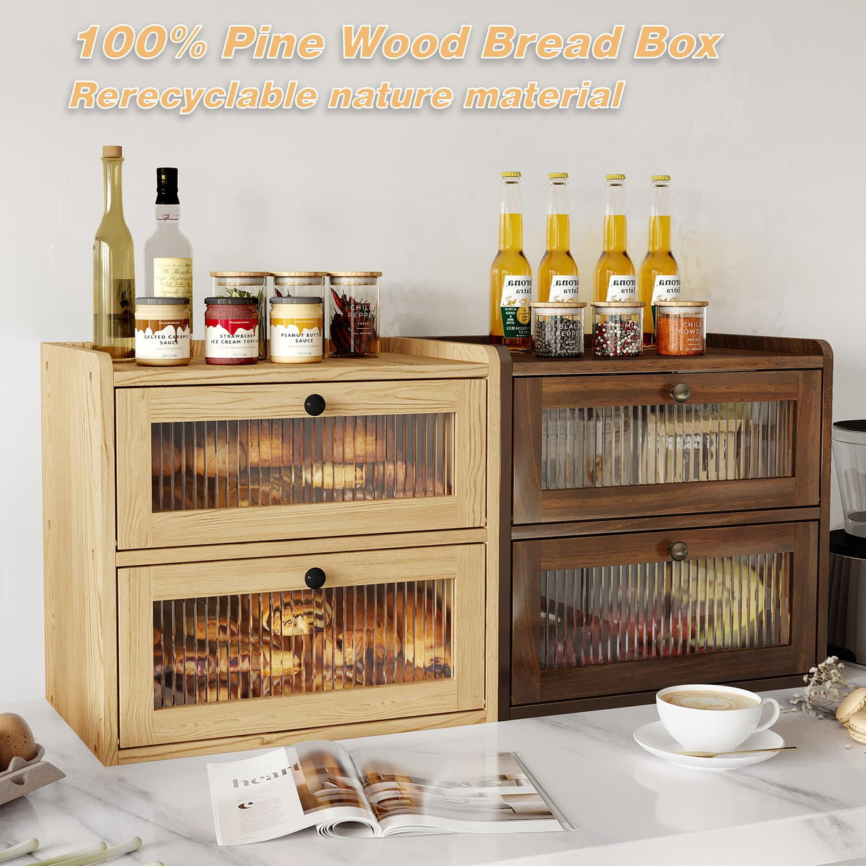 Alpeir Double Layer Large Bread Box for Kitchen Counter, Wooden Corner Bread Storage Container with Acrylic Window, Retro Brown Alpeir