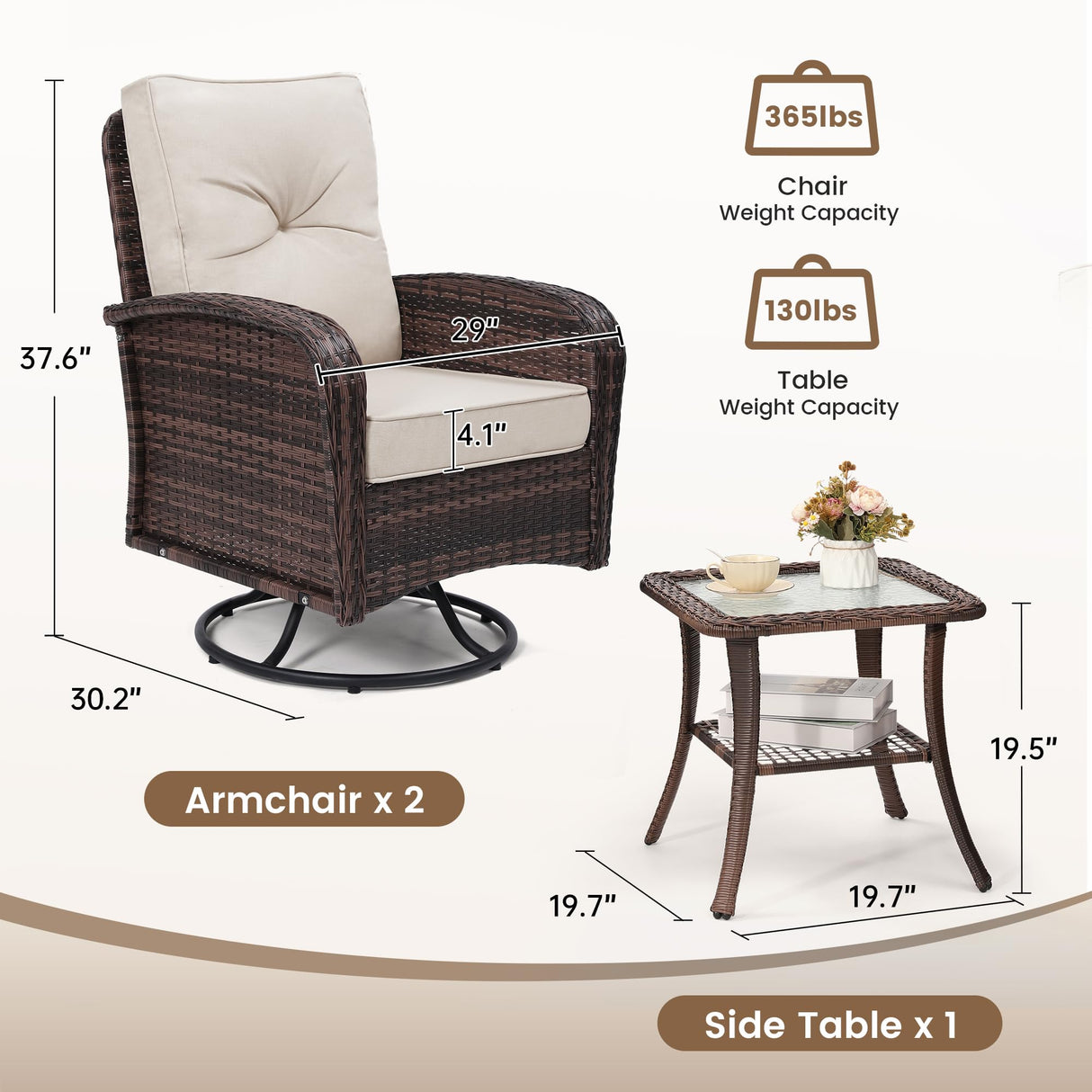 wildformers 2 Luxury Outdoor Swivel Wicker Glider Patio Chairs with Table Set, Overstuffed Washable Cushions, Ideal for Porch, Balcony, Deck, Brown Rattan and Beige Cushions wildformers