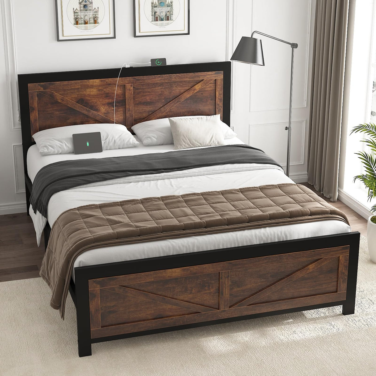 DOGIBIXO Rustic Brown Full Size Bed Frame with LED Lights, Charging Station, and Vintage Barn Door Headboard DOGIBIXO