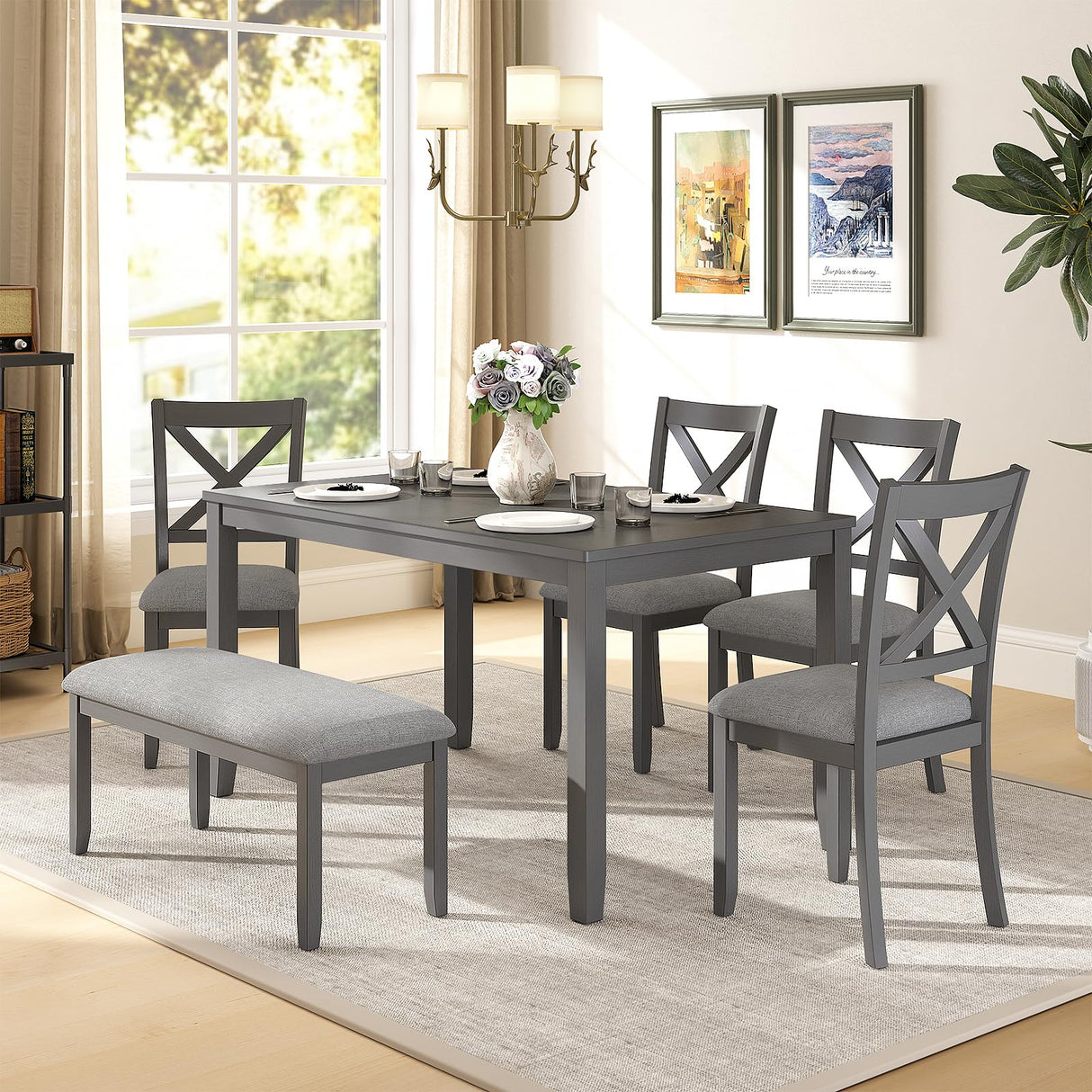 Zevemomo 6-Piece Wooden Dining Table Set, Dining Table Set for 6, Including 1 Dining Table, 4 Upholstered Chairs and 1 Bench, Wooden Legs Dining Table, Table Set for Dining Room, Grey Zevemomo