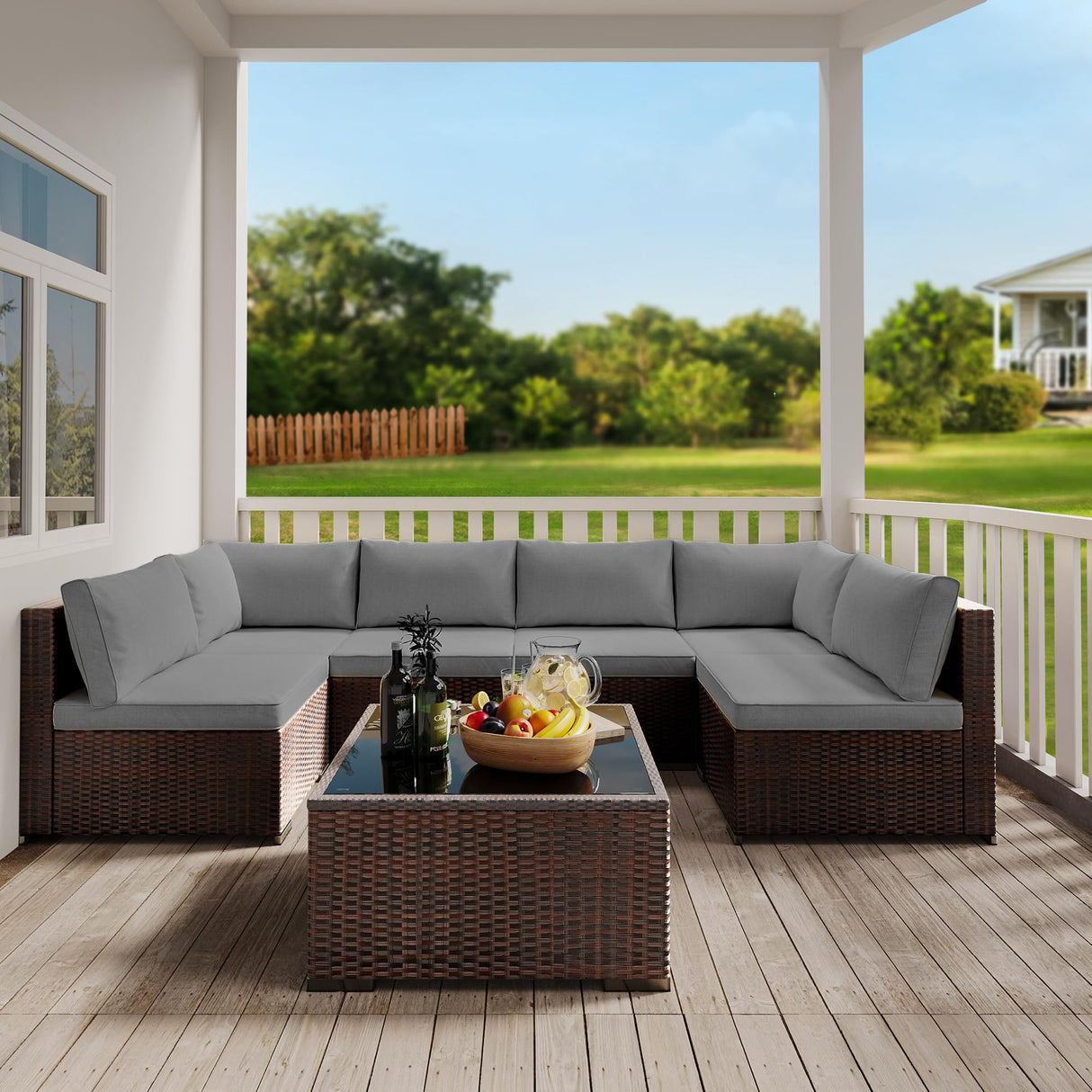 Qsun 7 Pieces Patio Furniture Set, Outdoor Sectional Rattan Sofa Set, Wicker Patio Conversation Set with Cushions and Glass Coffee Table, for Balcony, Porch, Garden, Grey Qsun