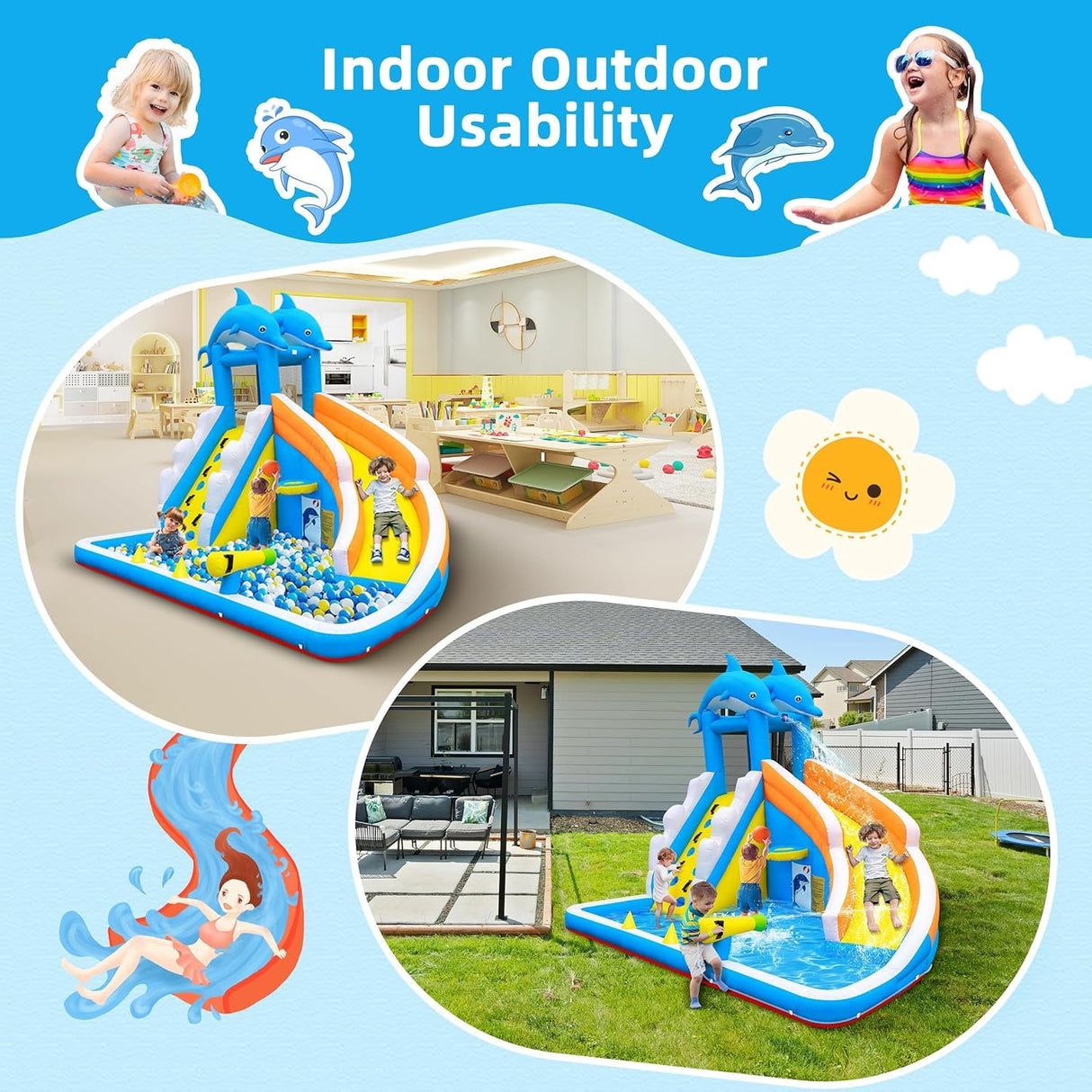 TOAOB Inflatable Water Slide,5 in 1 Dolphin Inflatable Bounce House for Kids- Climbing Wall Splash Pool Water Cannon Basketball Rim - 480W Blower - for Indoor Outdoor Backyard Birthday Party TOAOB