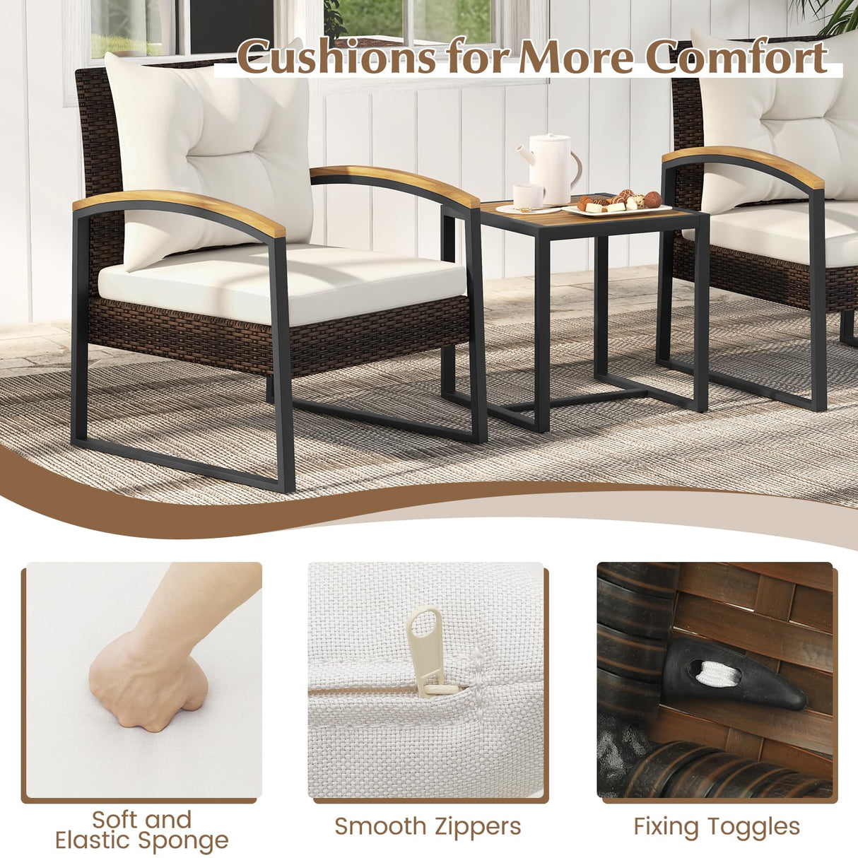 Tangkula 3 Piece Patio Conversation Set, Includes 2 Rattan Chairs and Coffee Table, Solid Acacia Wood Armrests & Tabletop, Outdoor Cushioned Wicker Furniture Set for Backyard, Poolside, Lawn, Garden Tangkula