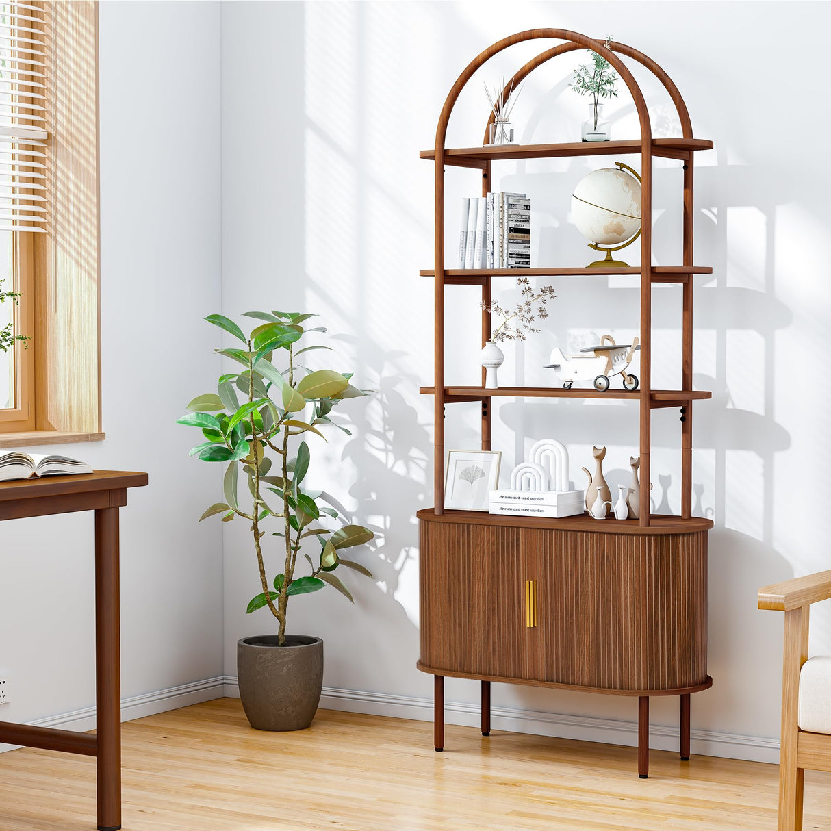 Turtle&Myrtle Tall Arched Bookshelf, Mid Century Modern Fluted Bookcase Cabinet with Sliding Doors, Curved Metal Frame Bookcase, Industrial Storage Display Shelving for Living Room, Bedroom (Walnut) Turtle&Myrtle