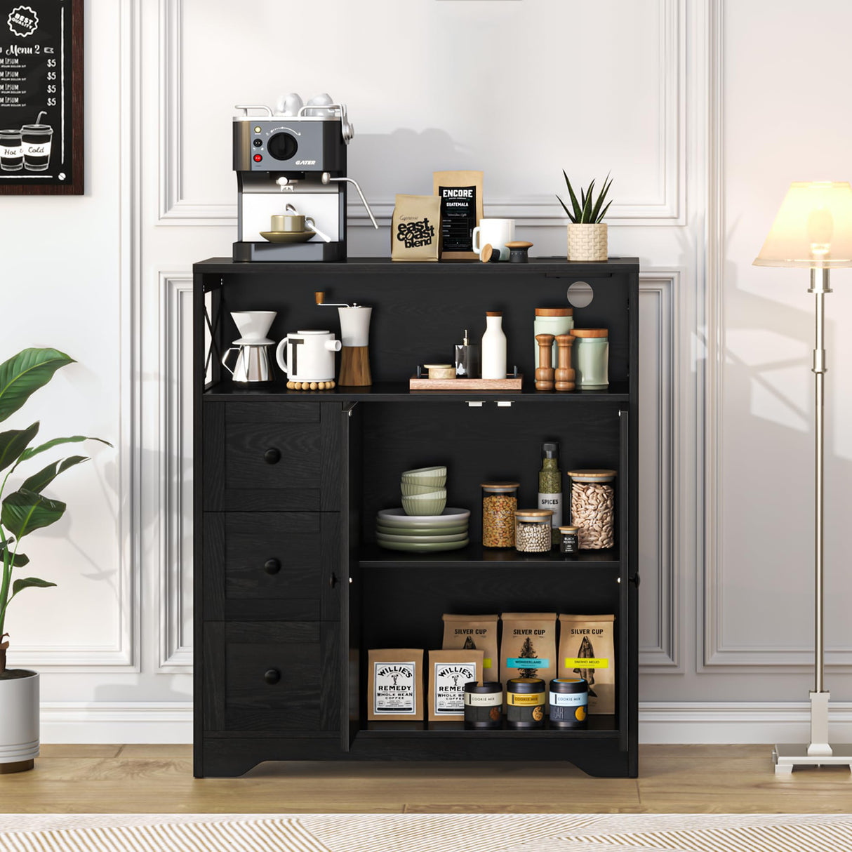 Yoobure Storage Cabinet with Doors and Shelves, LED Coffee Bar Cabinet with Power Outlet, Farmhouse Kitchen Buffet Cabinet with Drawers Accent Pantry Cabinet Sideboard for Living Room Entryway Yoobure