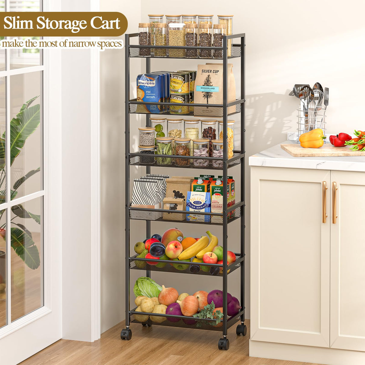 6 Tier Slim Rolling Storage Cart, Narrow Mobile Shelving Unit Organizer Utility Cart with Wheels, Metal Wire Storage Rack with Baskets for Kitchen, Bathroom, Laundry & Living Room, 10in(W) ThreeHio