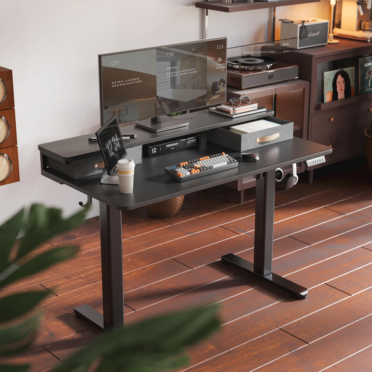 Seang Electric Standing Desk with 2 Drawers, Adjustable Standing Desk with Storage Shelf, Height Adjustable Stand up Desk for Home Office with 3 Presets & 2 Hooks,48 Inch, Black Seang