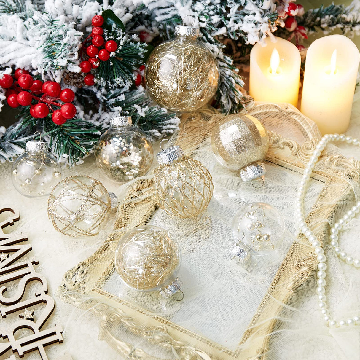 CristBest 30ct Christmas Ball Ornaments-60mm/2.36" Shatterproof Clear Plastic Xmas Balls Baubles Set with Stuffed Delicate Sparkling, Hanging Christmas Tree Decorations (Champagne Gold) CristBest