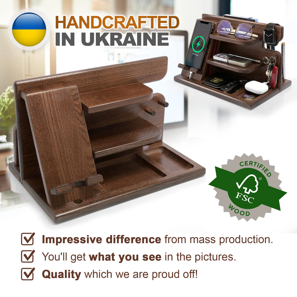 TESLYAR Wood Phone Docking Station for Men - Desktop or Nightstand Organizer - Birthday gifts for Men or Dad - Anniversary Idea from Wife - Key Holders, for Wallet, Watch & Essentials (Chestnut Brown) TESLYAR