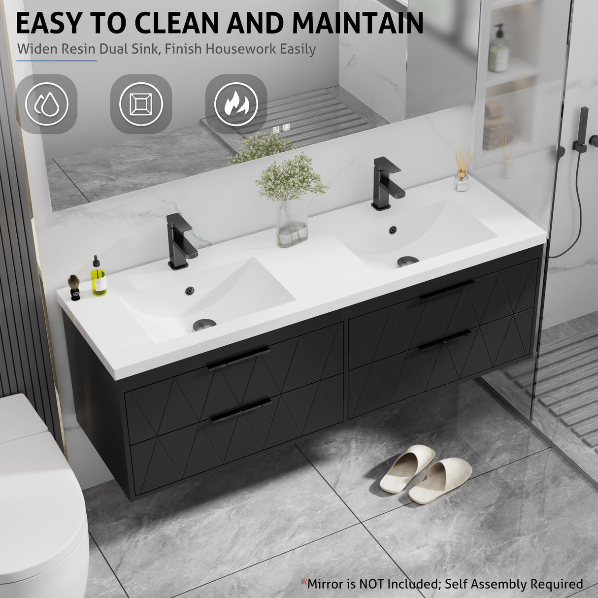 eclife 60" Bathroom Vanities Cabinet with Sink Combo, Wall Mounted Floating Cabinet W/Decor Line, Soft-Close System, 4 Extra Big Drawers, Matte Black Faucet, Black eclife