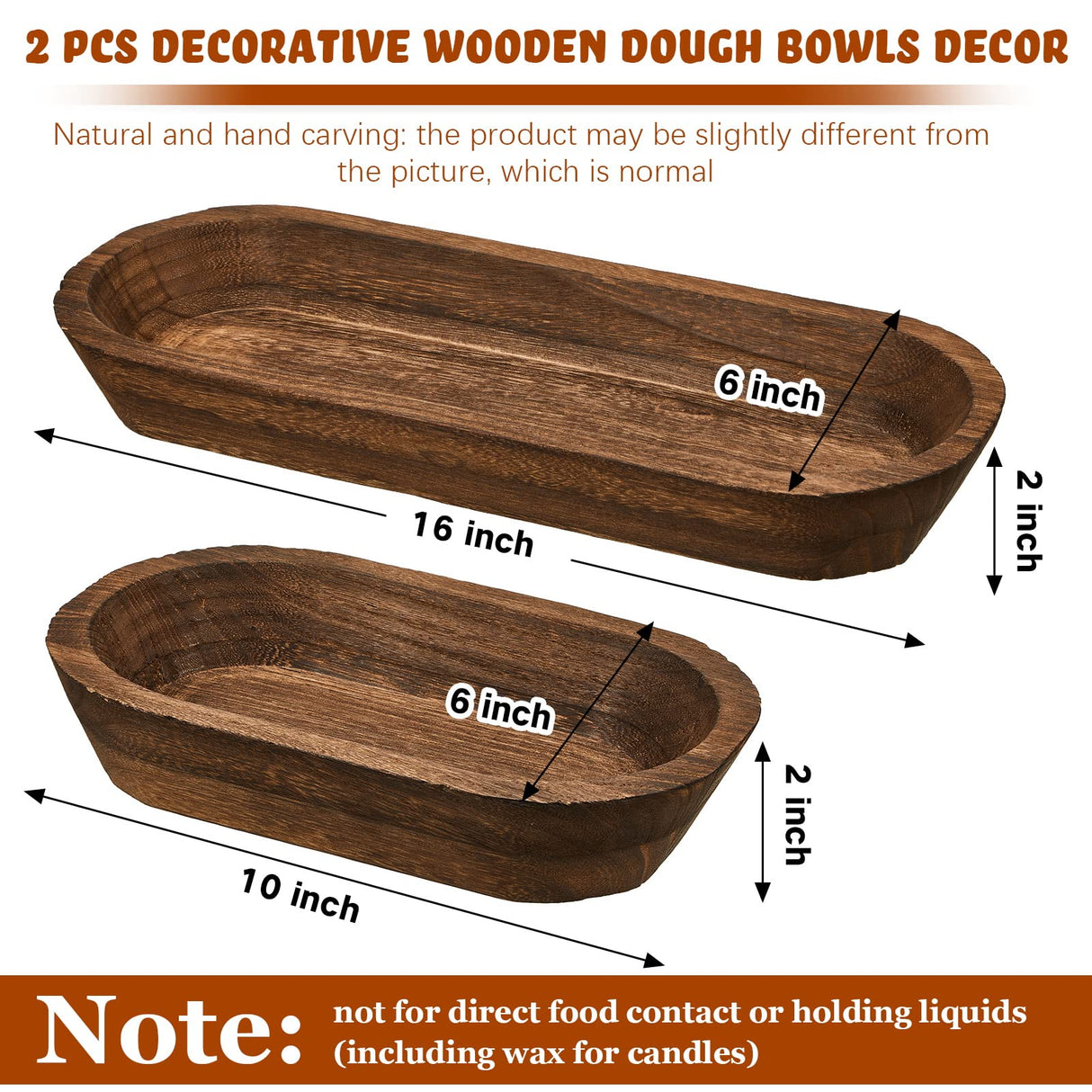 Tessco 2 Pcs Wooden Dough Bowl for Home Rustic Bread Long Wooden Bowl for Kitchen Dining Table Home Decoration(10 x 6 x 2 Inch, 16 x 6 x 2 Inch,Brown) Tessco