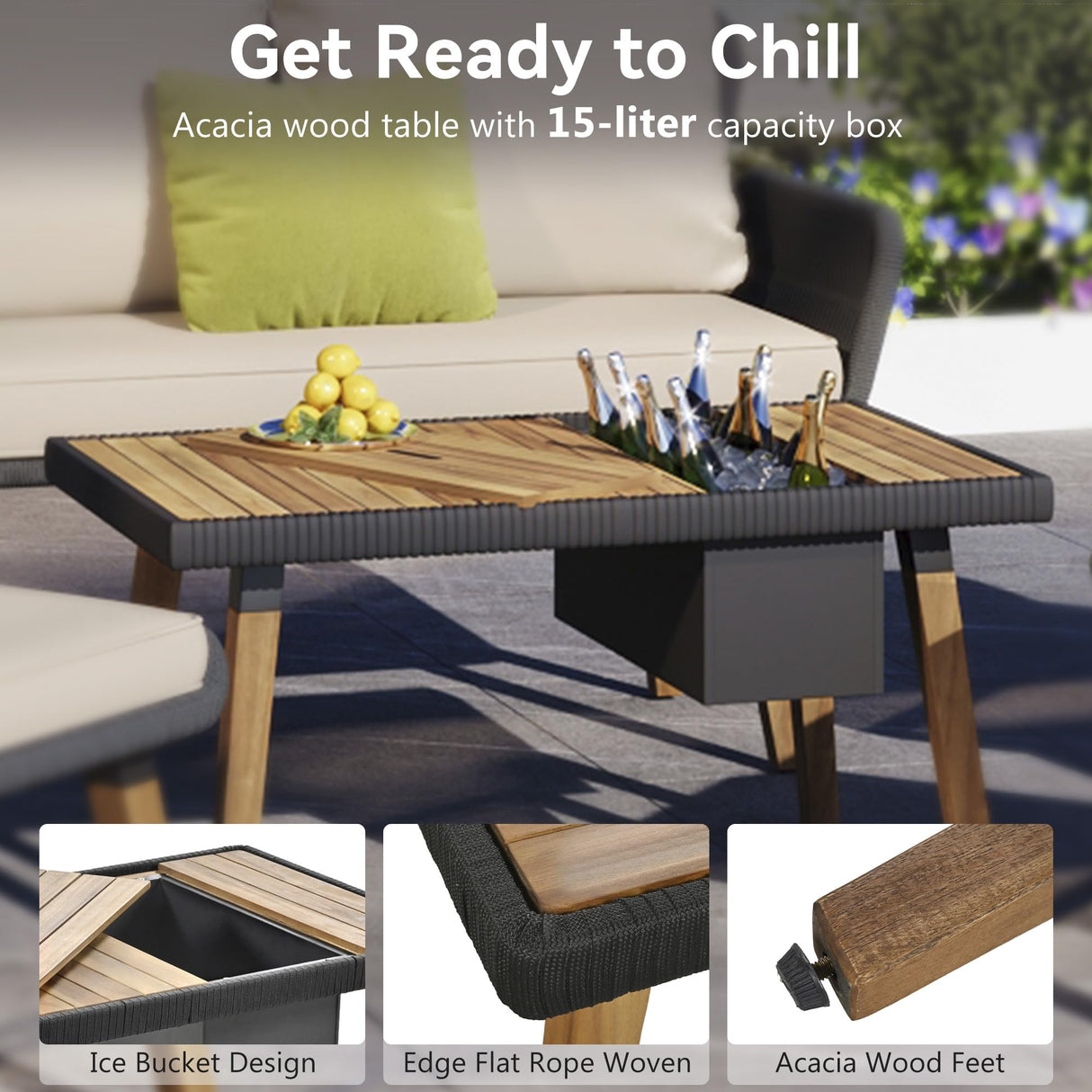 LUMISOL 6-Piece Beige Rope Patio Furniture Set with Acacia Wood Coffee Table and Ice Bucket LUMISOL