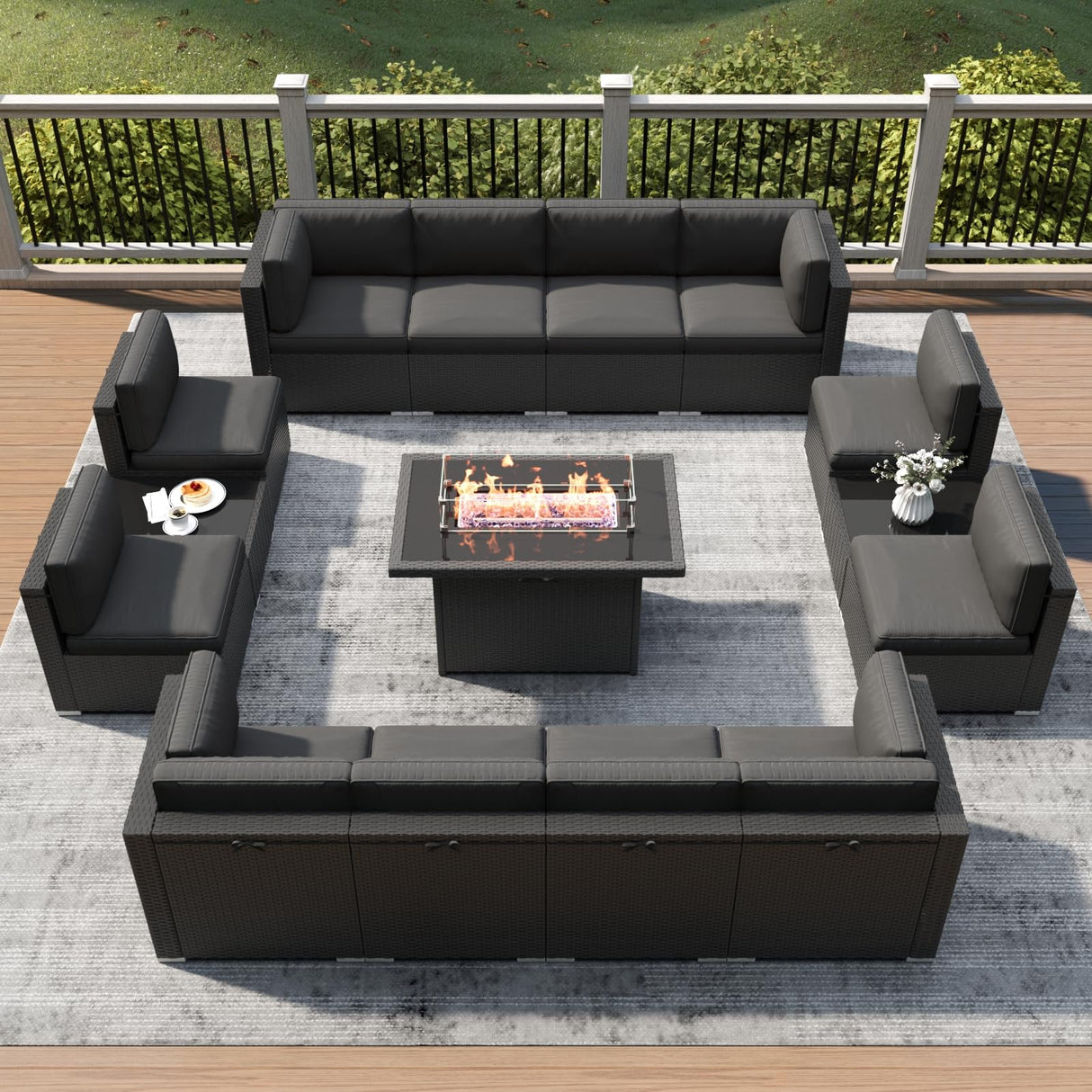 LayinSun 15 Piece Patio Furniture Set with Fire Pit Table, Outdoor Conversation Sets Wicker Rattan Sectional Sofa with Coffee Table LayinSun