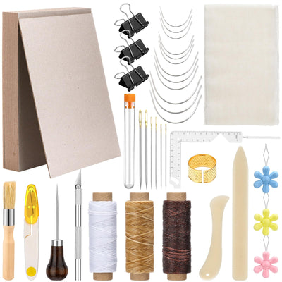 Skybooly 47 Pcs Bookbinding Kit - Book Making Supplies with 12.36 x 9.88 Inch Chipboard Book Binder Board, Large Eye Needles, Awl, Waxed Thread and Other Accessories for DIY Bookbinding