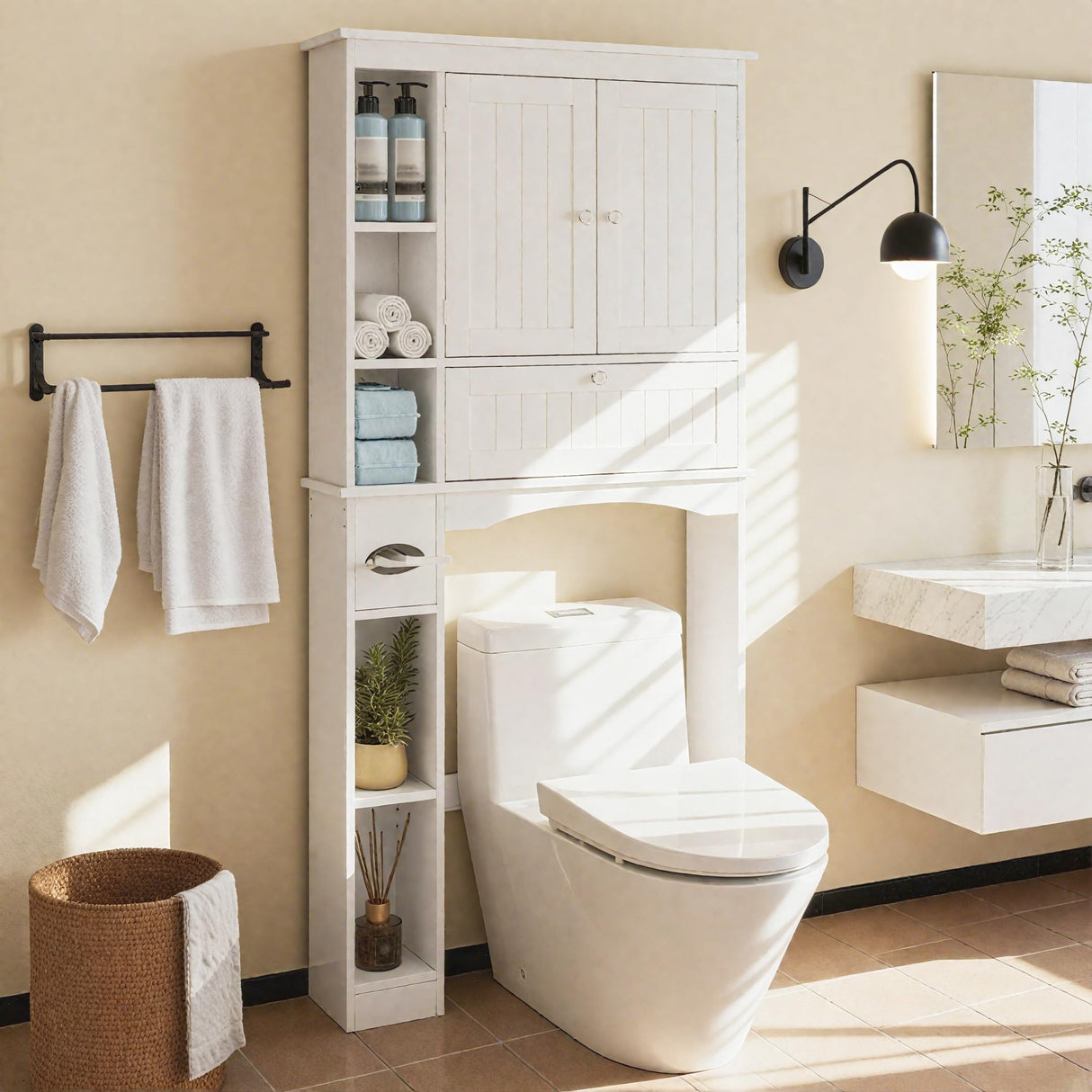 Giantex Over The Toilet Storage Cabinet, 31.5''W Freestanding Space Saver with Doors, Adjustable Shelf & Toilet Paper Holder, Over Toilet Bathroom Organizer for Laundry, Restroom, White Giantex