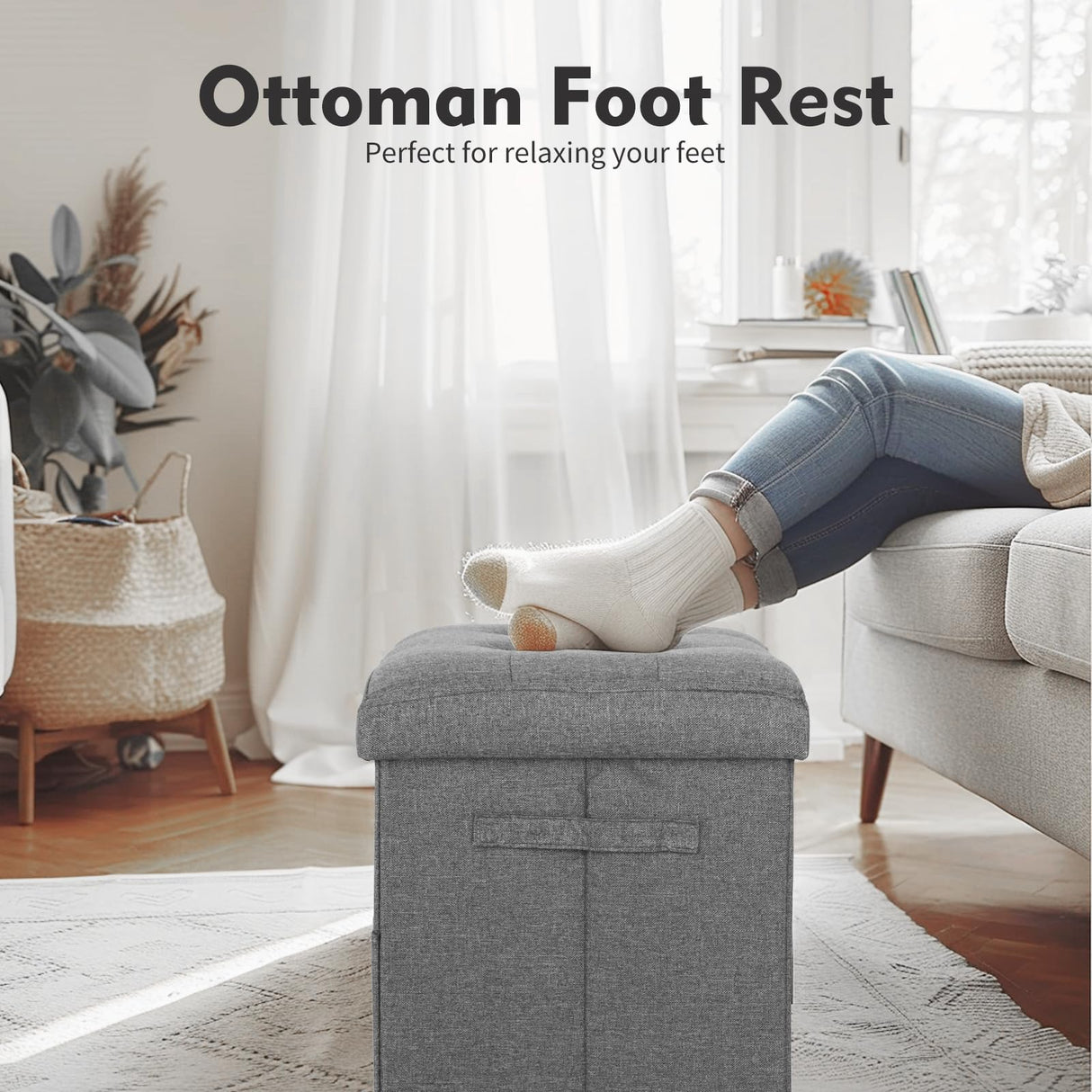 FaiPue Storage Ottoman. Foot Rest Stool with Thicker Foam Padded Seat. Linen Footstool Storage Bench, 350 lbs Folding Bench Small Ottoman for Living Room, Bedroom, Coffee Table. 17x13x13in, Dark Gray FaiPue