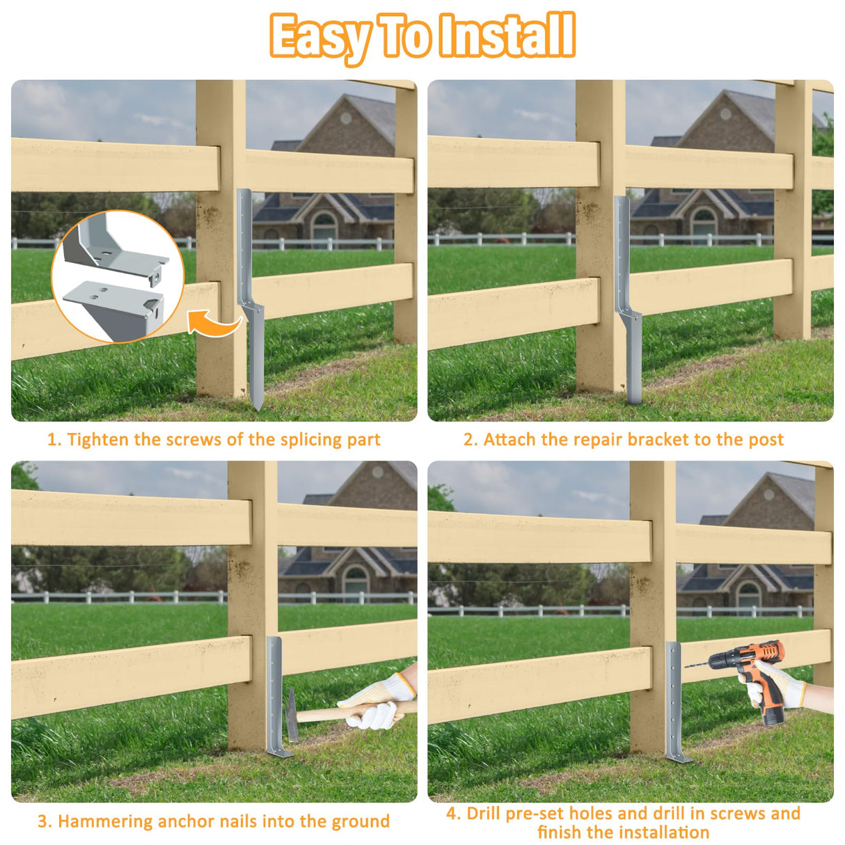 Raweao Fence Post Repair Stakes - 1 Pack Heavy Duty Steel Fence Post Anchor Ground Stakes for Repair Tilted or Broken Wood Fence Post Raweao