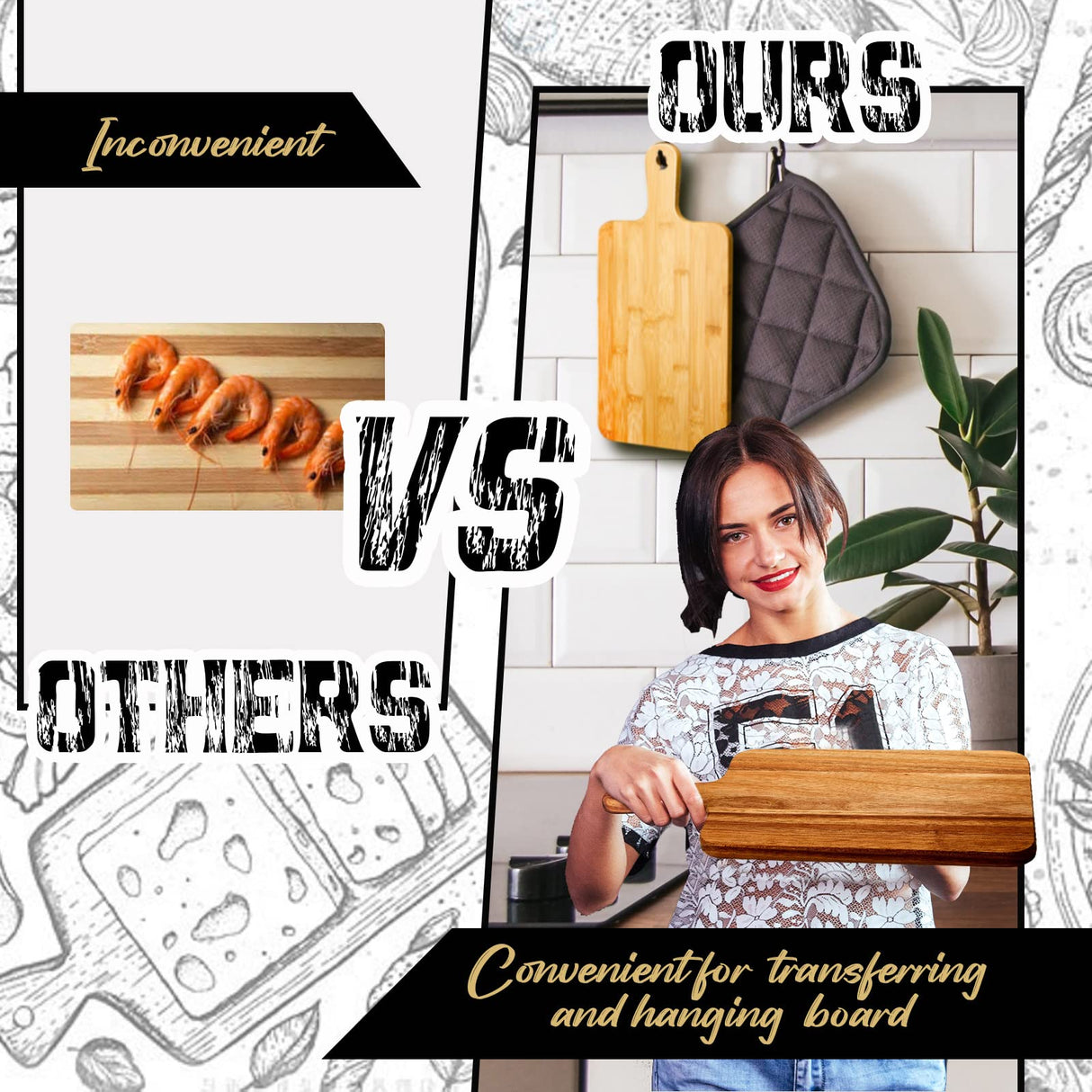 Nuenen 10 Pcs Wood Cutting Board with Handle 15.7 x 7.8 Inch Wooden Serving Board Kitchen Chopping Boards for Pizza, Bread, Cheese, Charcuterie, Nuenen