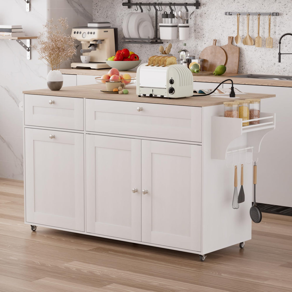 Kitchen Island on Wheels with Storage, Rolling Kitchen Islands with Drop Leaf&Power Outlet, Mobile Kitchen Island Cart with Trash Can Storage, Spice Rack, Towel Rack, Storages Cabinet ,Drawers SAHISTCT