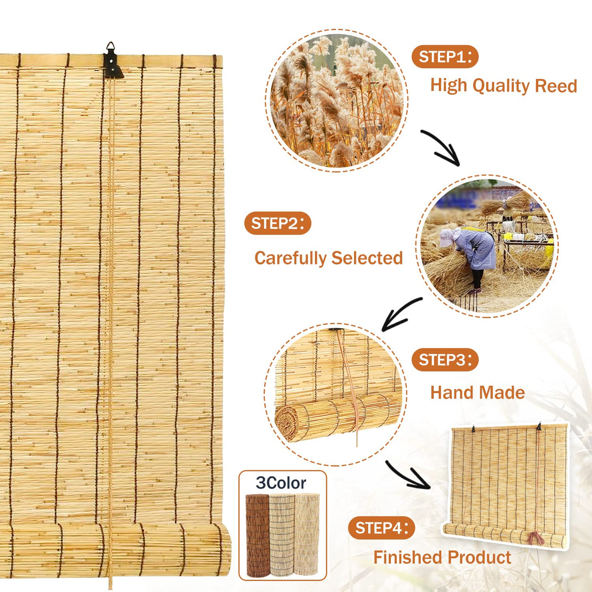 PHUSTJKL Blinds Roll Up Shade Bamboo Reed Roll Up with Lifter, Sun Protection Blackout Privacy Breathable Coffee Reed Curtains for Indoor/Outdoor, Easy to Install (Coffee-Black Line, 28x60in(WxH)) PHUSTJKL