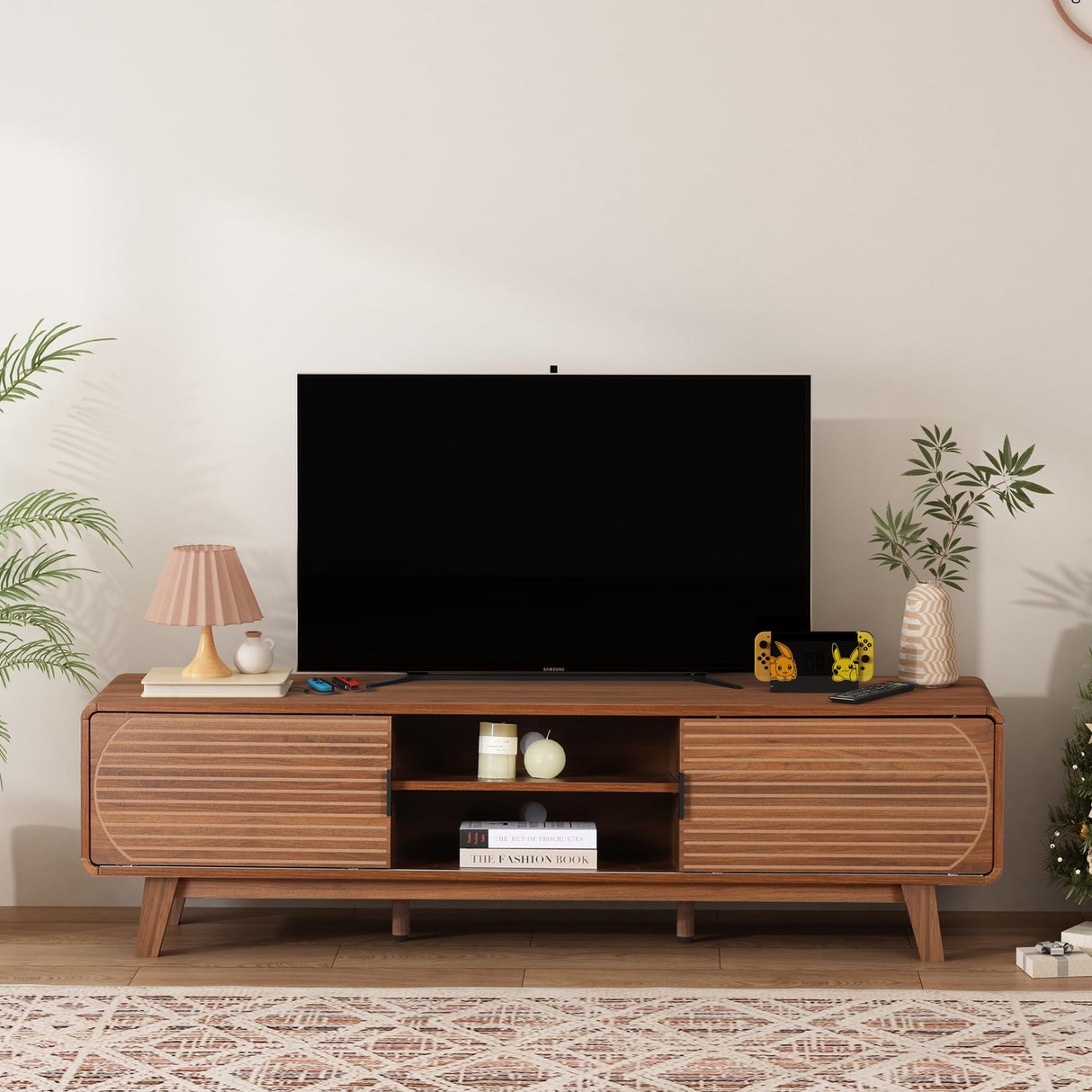 Janmer Home Mid Century Modern TV Stand for 55/60/65 Inch TV, 62" TV Console Table with Fluted Sliding Doors, Entertainment Center and Media Console with Storage for Living Room (Walnut, 62.2inch) Janmer Home