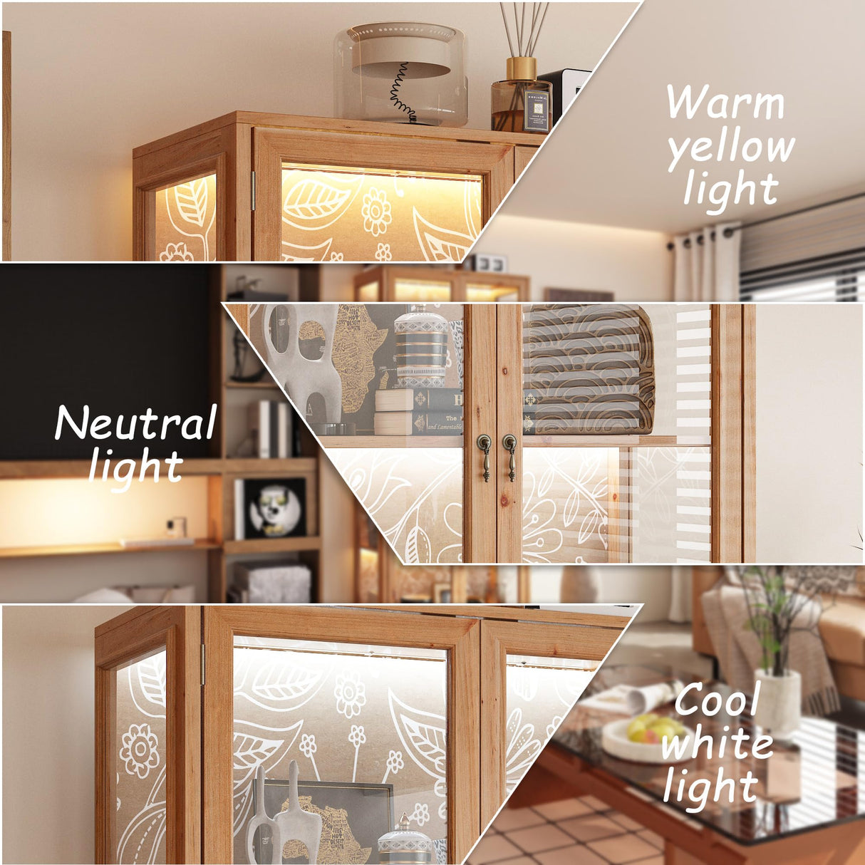 WOODTIME 74.2" H Display Storage Cabinet with 3-Color Lights, Glass Doors & Solid Wood Frame, Curio Cabinet Bookcase Bookshelf with Patterned Backpanel for Living Room Home Office, Light Brown WOODTIME