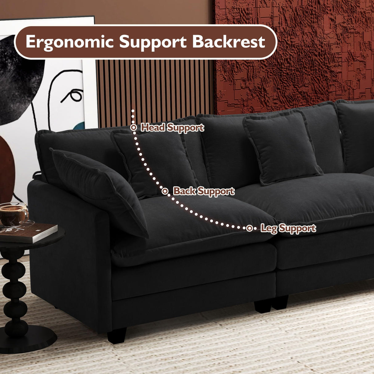 Ihanherry 111.4" L Shaped Modern Sofa Modular Sectional Cloud Couch with Ottoman, 4-Seat Chenille Deep Seat Sofa with Pillow for Living Room, Bedroom and Apartment, Black Ihanherry