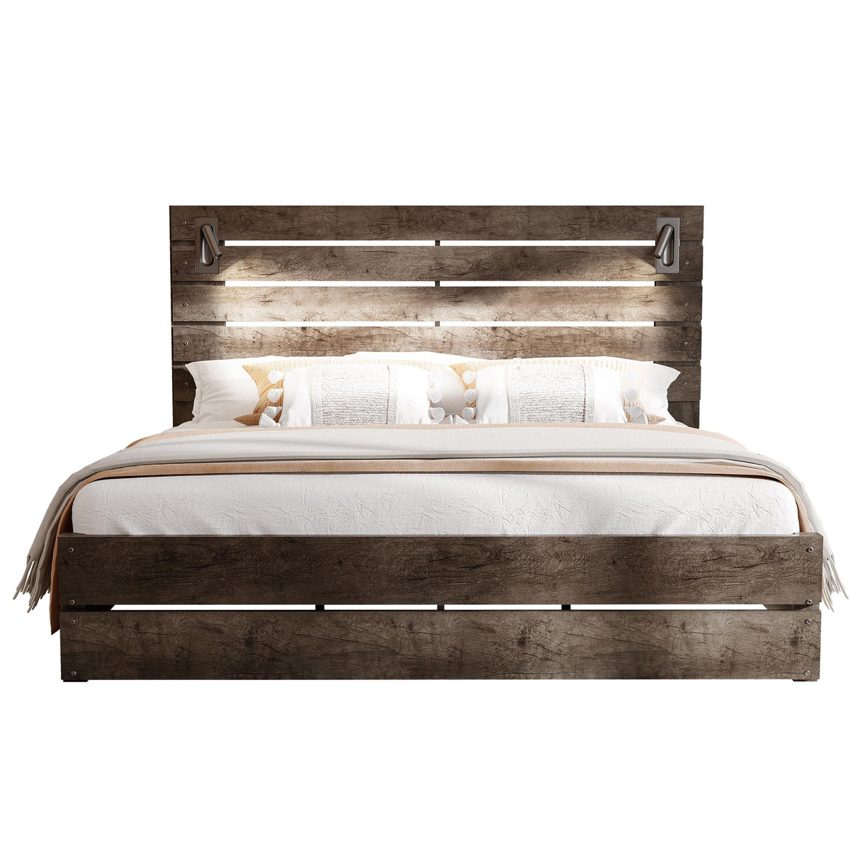 Jocisland Full Size Farmhouse Bed Frame with 51" Headboard, LED Reading Lights, Rustic Wood Look, No Box Spring Needed, Rustic Gray Jocisland