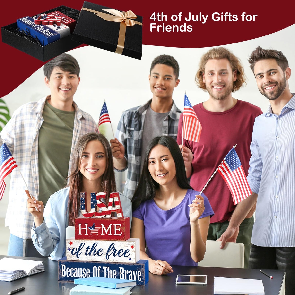 Huquary 4 Pcs Farmhouse 4th of July Patriotic Table Sign Independence Day Table Wood Decorations Patriotic Themed Rustic Farmhouse Wood Block Sign for Party Home Desk (Stylish) Huquary