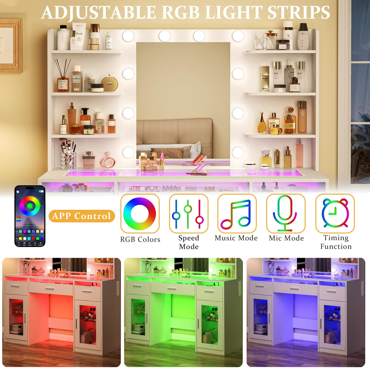 HUAHUUU Vanity Desk, Makeup Vanity Desk with Mirror and Lights 3 Colors, Transparent Top with 3 RGB Drawers, 6 Shelves, 2 Large Tempered Cabinets, Power Outlet, for Bedroom, White HUAHUU