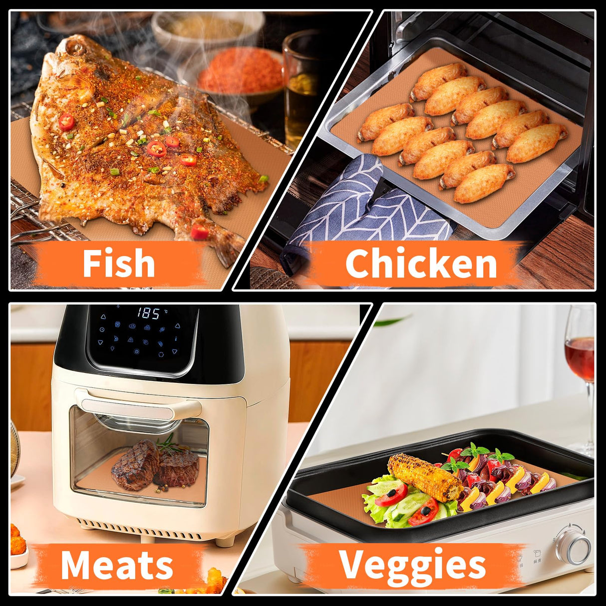 WIBIMEN Grill Mats for Outdoor Grill, Copper 7pcs Grill Mat, 100% Non-Stick PFOA Free 15.75 x 13", Heavy Duty, Reusable and Easy to Clean - Gas Charcoal & Electric BBQ WIBIMEN