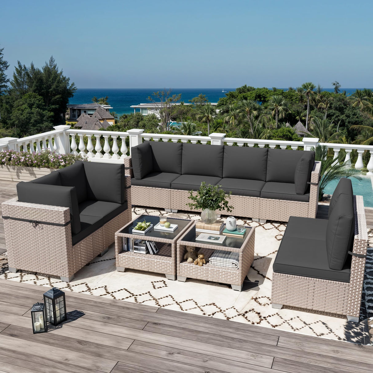 Aukreolis 10 Pieces Patio Furniture Set, Outdoor Sectional Wicker Sofa with Thick Cushions and Storage Coffee Table, Rattan Patio Conversation Sets for Deck Yard Poolside, Black Aukreolis