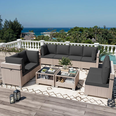 Aukreolis 10 Pieces Patio Furniture Set, Outdoor Sectional Wicker Sofa with Thick Cushions and Storage Coffee Table, Rattan Patio Conversation Sets for Deck Yard Poolside, Black
