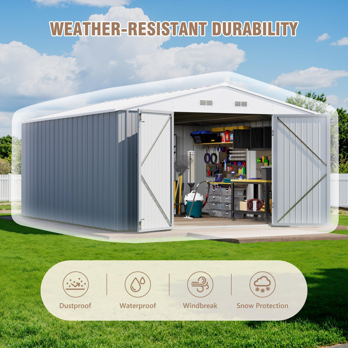 Greesum 10×14 FT Outdoor Storage Shed, Metal Storaged Sheds Without Floor, Tool Sheds with Lockable Doors and Sloping Roof for Garden, Patio, Backyard, Gray Greesum