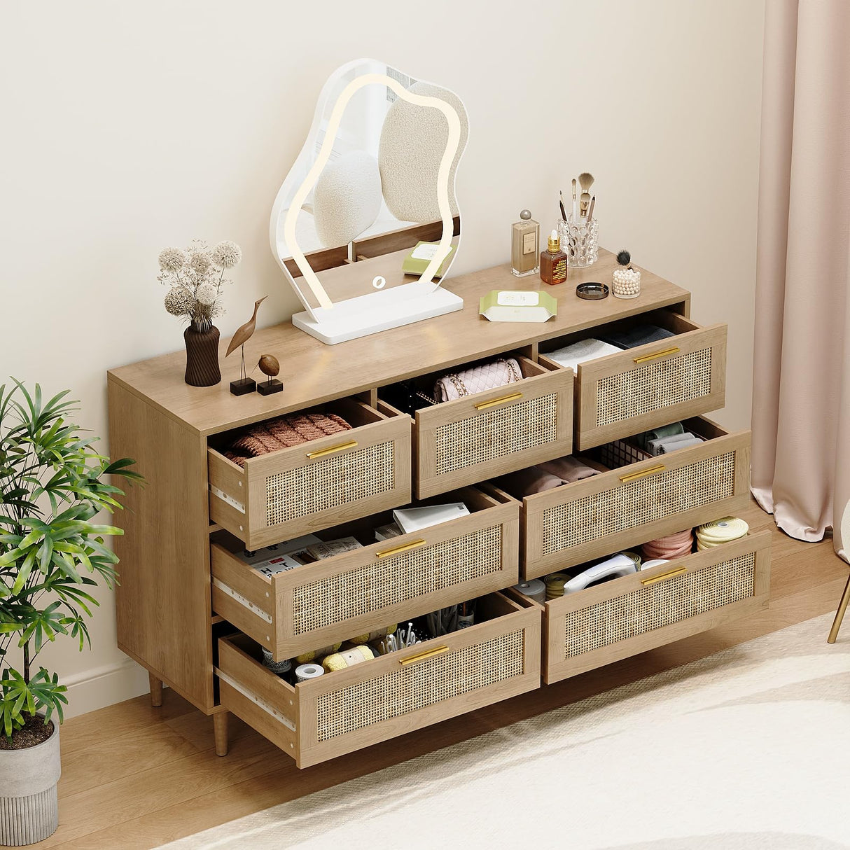 Trironsun Rattan Dresser for Bedroom 7 Drawer Wide Dresser Natural Boho Chest of Drawers Modern Wood Storage Dressers with Golden Handles for Living Room Closet Hallway Trironsun