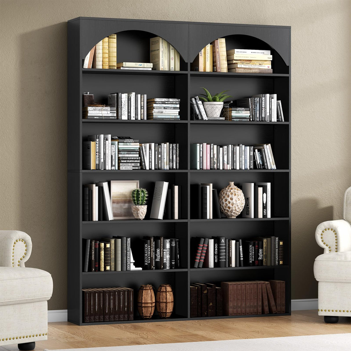 Gyfimoie 70.8’’ Tall Bookshelf and Bookcase, 7-Tier Double Wide Bookcase Modern Large Open Display Shelves with Curved Baffle for Home Office Living Room (Black) Gyfimoie