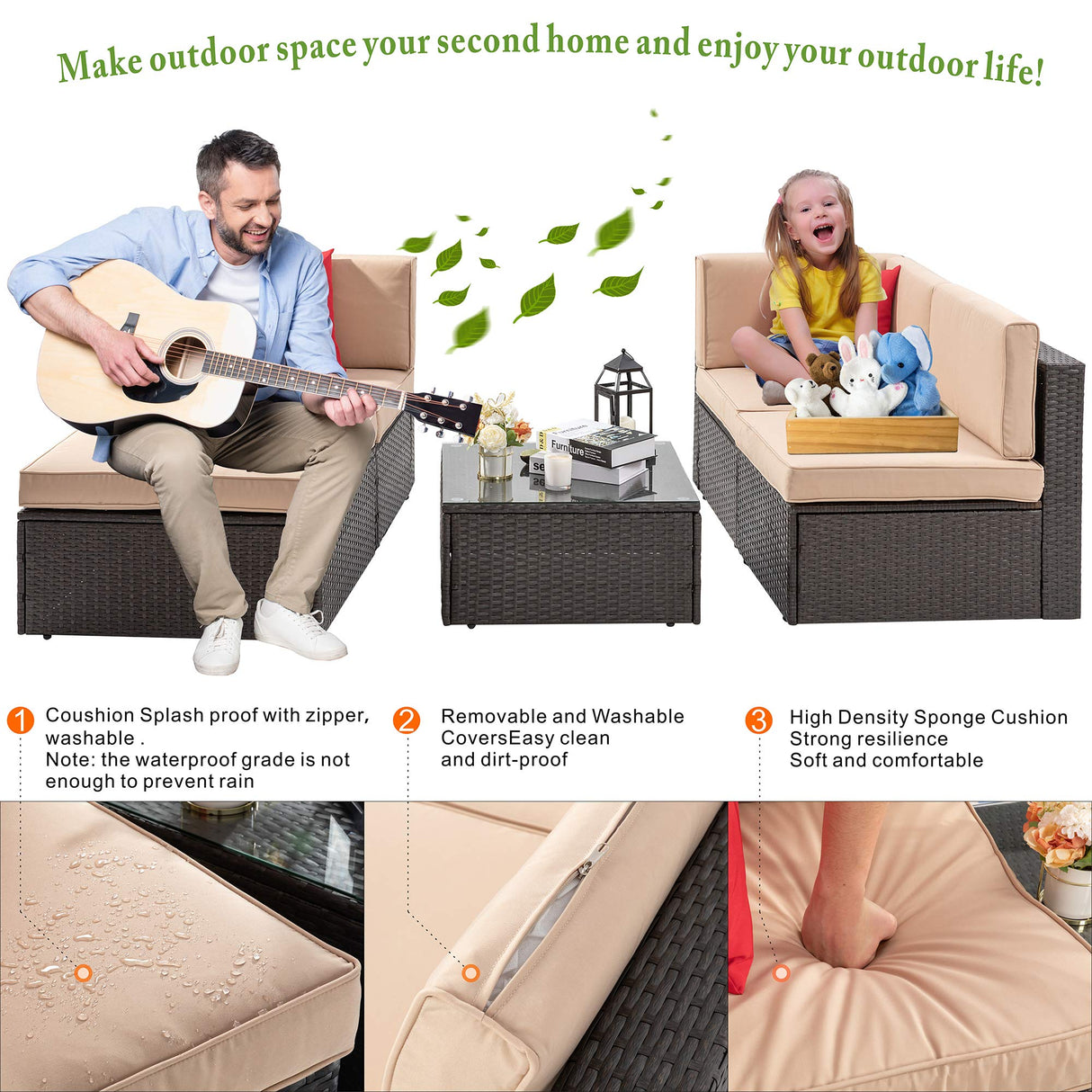 Vongrasig 5 Piece Patio Furniture Sets, All-Weather Brown PE Wicker Outdoor Couch Sectional Set, Small Conversation Set for Garden/Patio w/Ottoman, Glass Table, Red Pillow, Beige Vongrasig