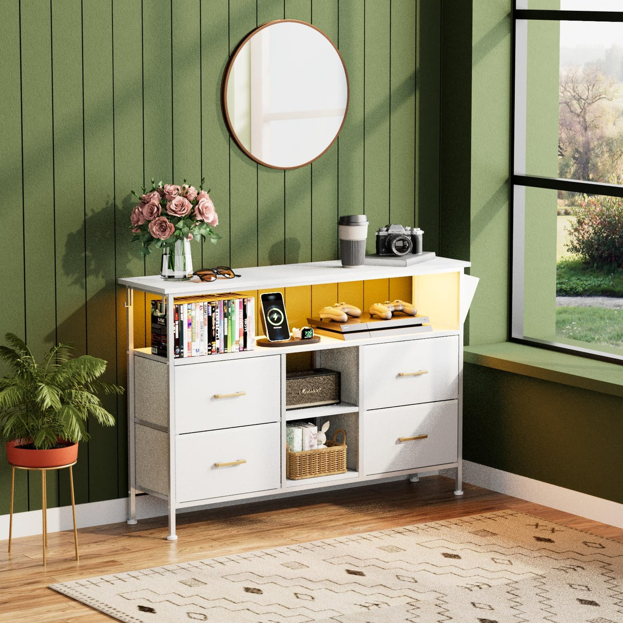 YIPPPPE Dresser TV Stand with Power Outlet for 50'' TV, White TV Stand with LED, Storage Cabinet TV Stand, Entertainment Center with 4 Deep Drawers, Wide Chest of Drawer for Storage in Bedroom YIPPPPE