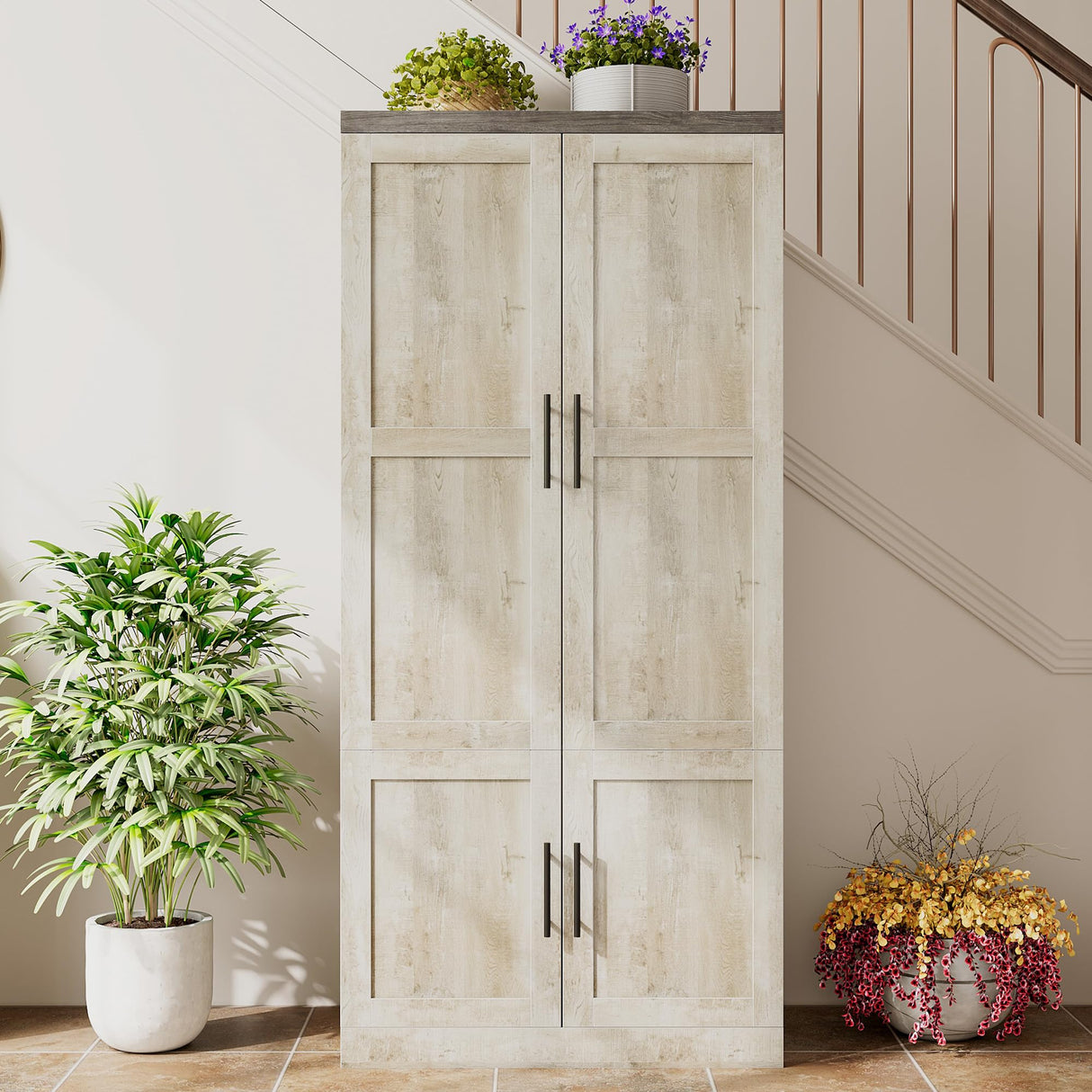 LIKIMIO Large Wardrobe Closet, Farmhouse Clothing Storage Cabinet with Hanging Rod and 2 Doors, Wooden Tall Bedroom Armoires with Storage Shelves, Rustic White LIKIMIO