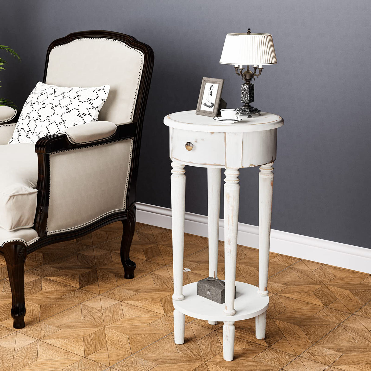 HOMPUS End Table with 1 Drawer, Rustic Round Side Table with 4 Wood Leg, 2-Tier Nightstand with Hand-Painted Finish, Small Accent Table for Living Room, Bedroom HOMPUS