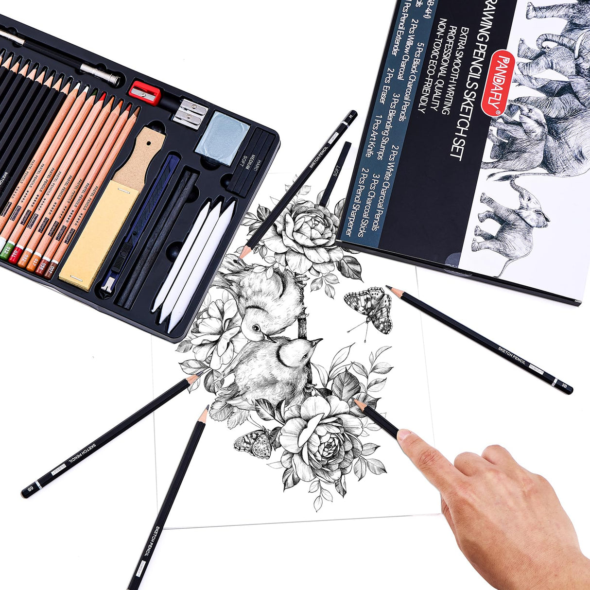 PANDAFLY Drawing Sketching Pencil Set, 42 Pack Pro Art Pencil Kit with Graphite Pencils (14B-4H), Charcoal Pencil, Ideal for Shading, Blending, Drawing Set for Beginners & Pro Artists PANDAFLY