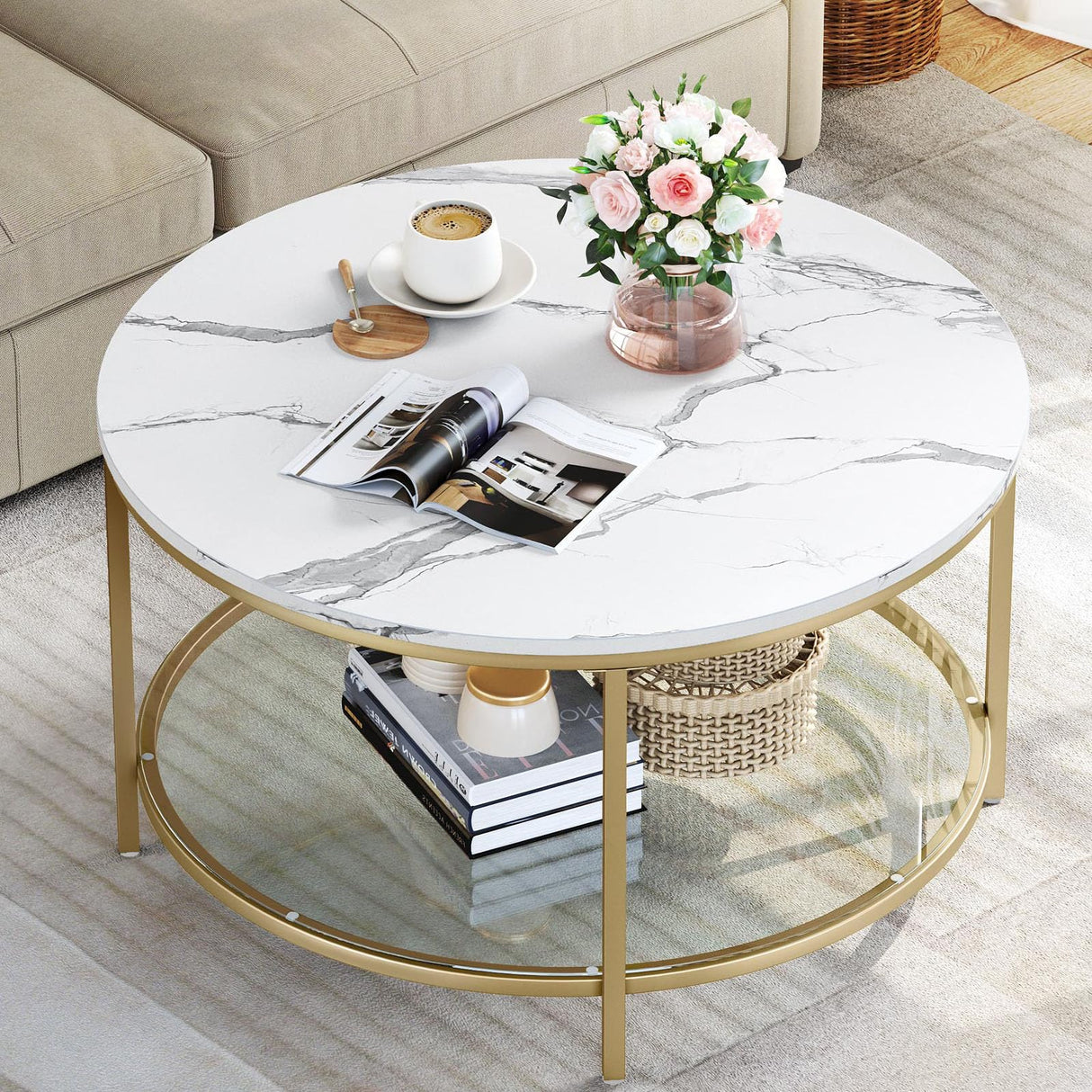 YITAHOME White Marble Round Coffee Table with Glass for Living Room, 2-Tier Circle Coffee Table with Storage Clear Coffee Table, Simple Modern Center Cocktail Table, White & Gold YITAHOME