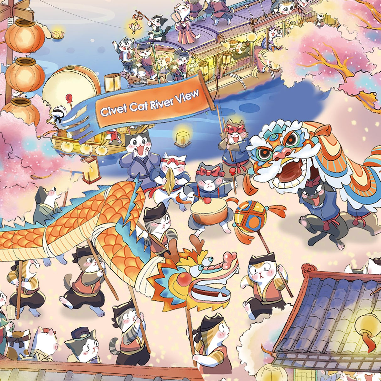 Puzzles for Adults 1000 Pieces, MOMIBOOK Jigsaw Puzzles of Chinese Village Town Cat, Painting Image 81.3x40.6cm(32"x16") Toys & Game Puzzle, White Elephant Choices, Birthday Puzzle Funny Choices MOMIBOOK